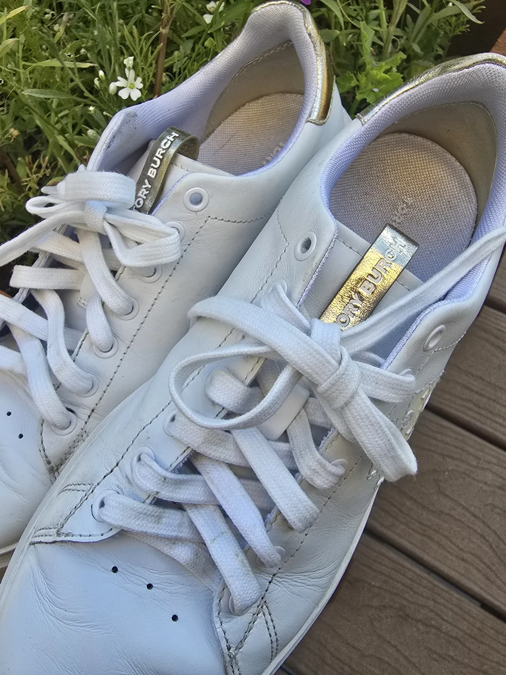 Tory Burch White Leather Sneakers with Gold Heel Detail